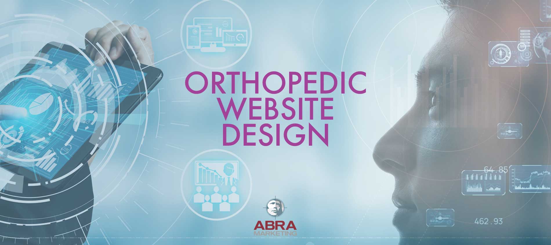 Orthopedic website design graphic, showing an orthopedic patient on the right looking toward website design elements around the text "orthopedic website design."
